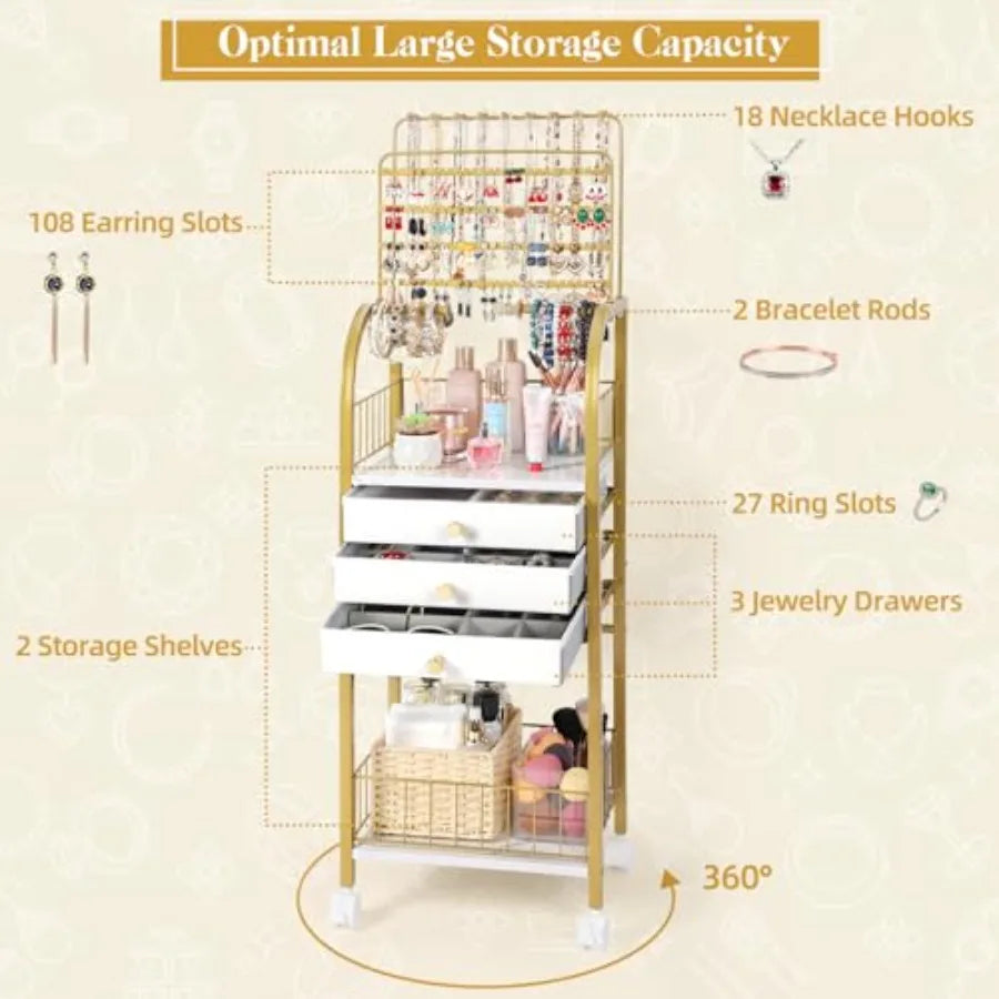 Large Jewelry Organizer Stand with 3 Box Drawer - Necklace Organizer Earring Storage Armoire Holder with Display for Earring Ne