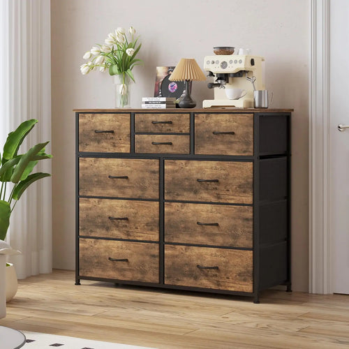 10-Drawer Fabric Storage Dresser with Steel Frame and Wood Top, Rustic Brown for Bedroom or Hallway