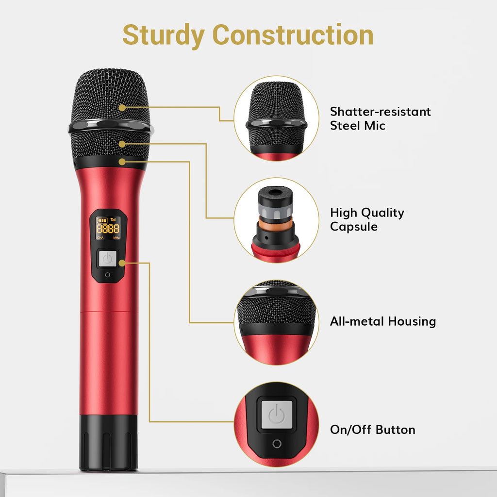 Wireless Microphone System, Professional Metal Cordless Karaoke Microphones, Handheld Dynamic Mic Set with Receiver, TW820
