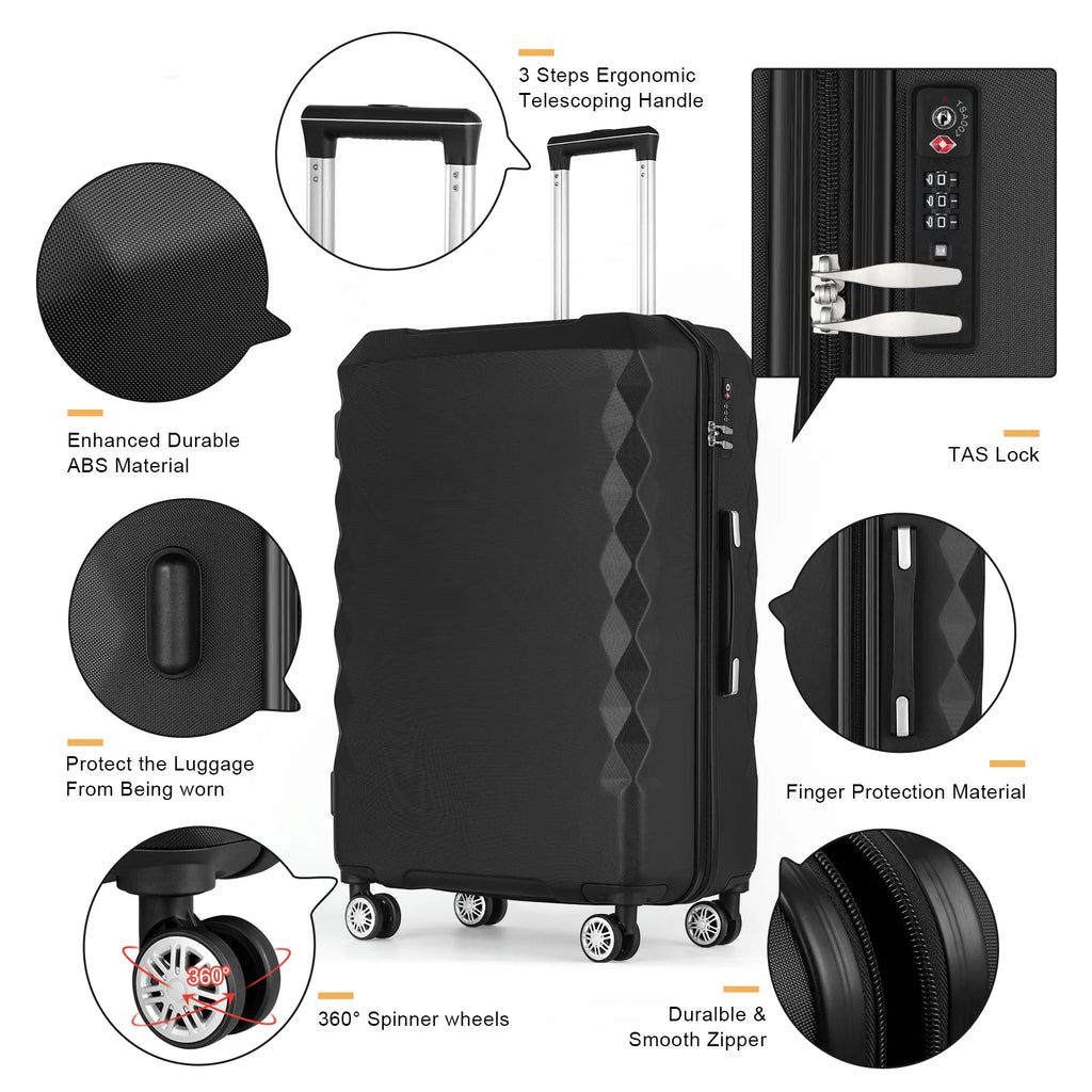 360° Spinner Wheel Luggage Suitcase with TSA Lock - Waterproof PC Hardshell Expandable Carry-On Check-In Bag for Travel, Black
