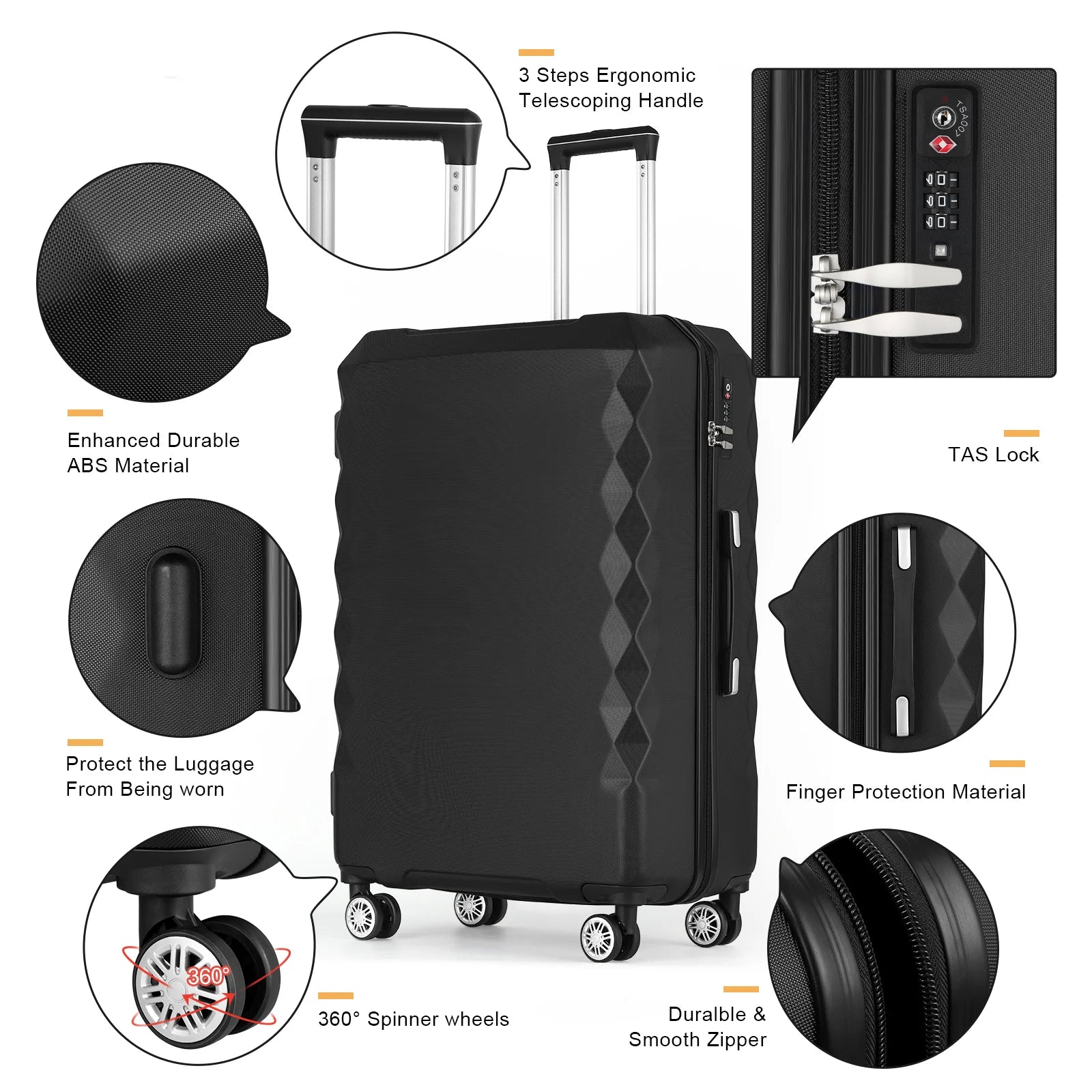 360° Spinner Wheel Luggage Suitcase with TSA Lock - Waterproof PC Hardshell Expandable Carry-On Check-In Bag for Travel, Black