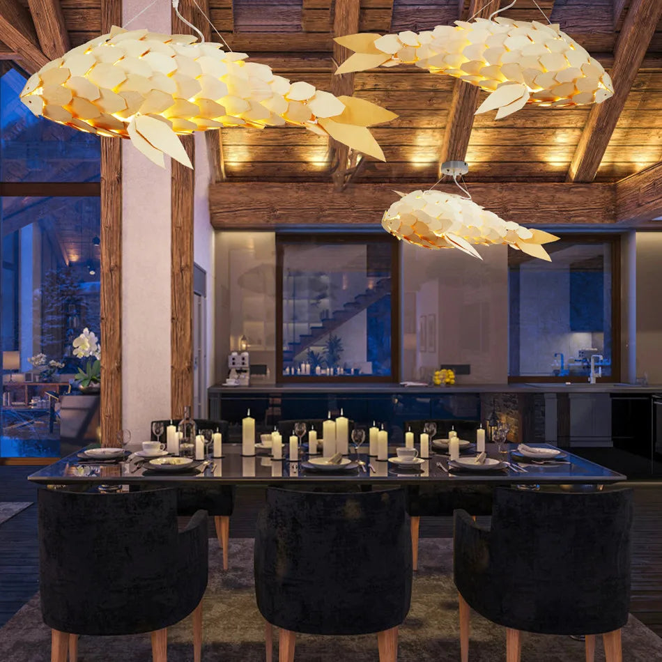 Vrygle Fish-shape Wood Ceiling Pendant Lamp Hand-woven Corridor Club Restaurant Decorative Chandeliers Lights
