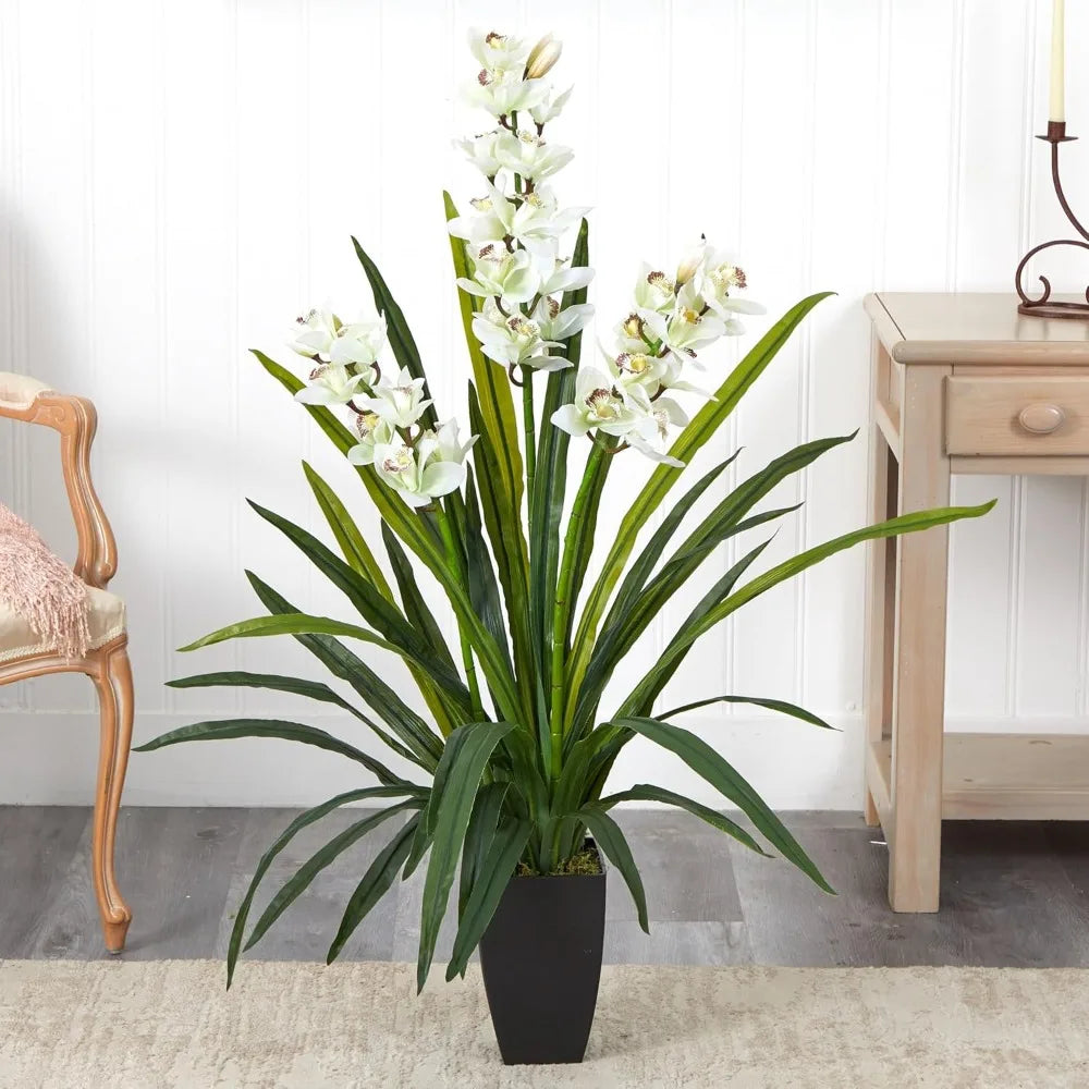 45in Artificial Cymbidium Orchid Plant with White Blossoms - Realistic Home Decor for Living Room Entryway
