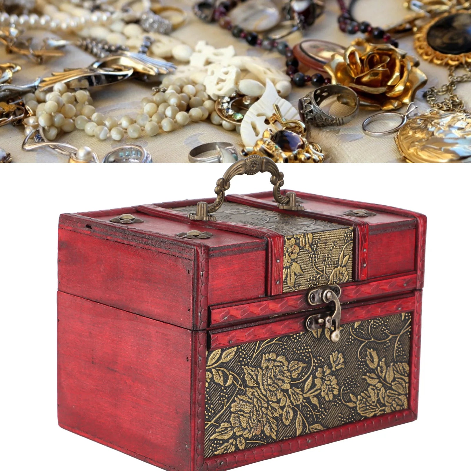 Handmade Vintage Wooden Jewelry Box, Antique Style Storage Chest for Rings, Necklaces, Earrings
