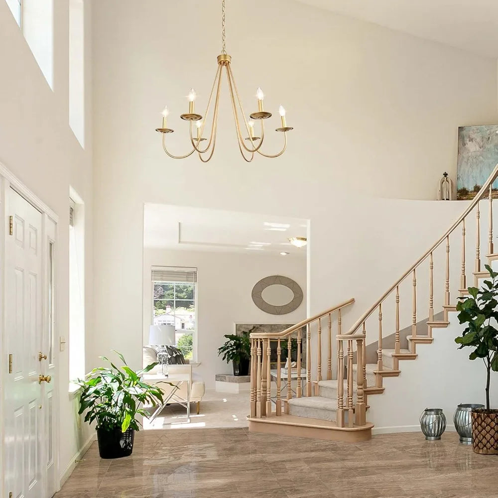 Modern 6-Light Gold Chandelier, 28'' Large Hanging Pendant Light for Dining Room & Kitchen