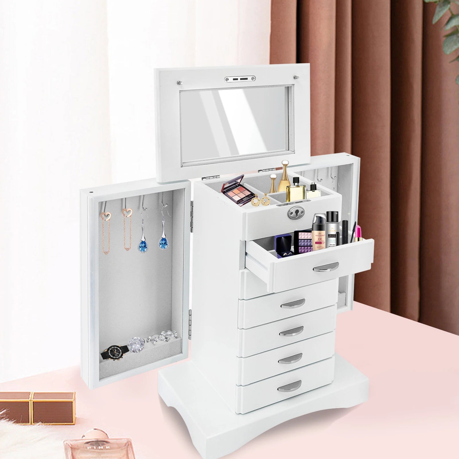 7 Layers Large MDF Jewelry Box,White/Walnut Rectangular Jewelry Box Free-standing for Jewelry Storage