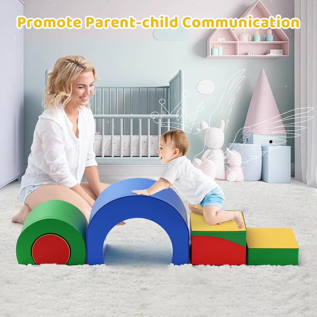 Foam Climbing Blocks, Soft Climbing Toys for Toddlers, 5 Pieces Crawl and Climb Foam Playset with Foldable Block and Tunnel, Ind