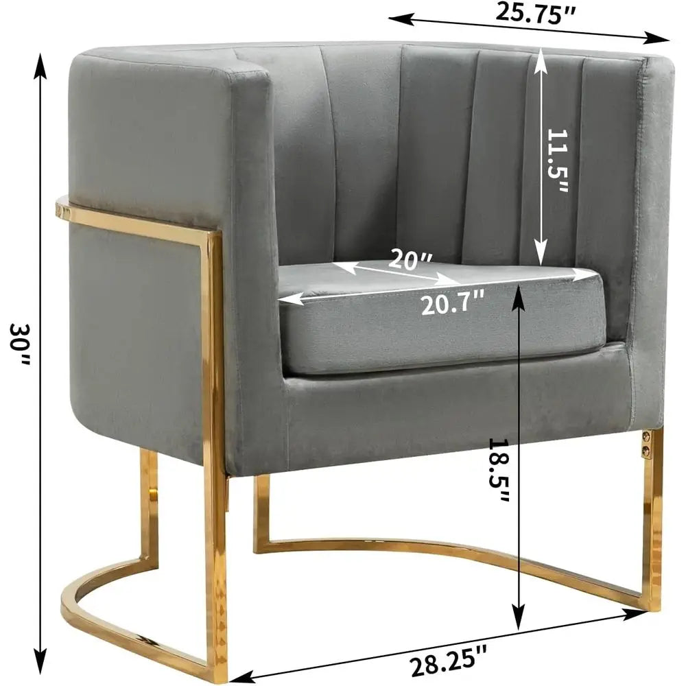 Mid-Century Modern Accent Chairs Set of 2, Grey Upholstered Barrel Armchairs with Gold Metal Legs for Living Room & Bedroom Comf
