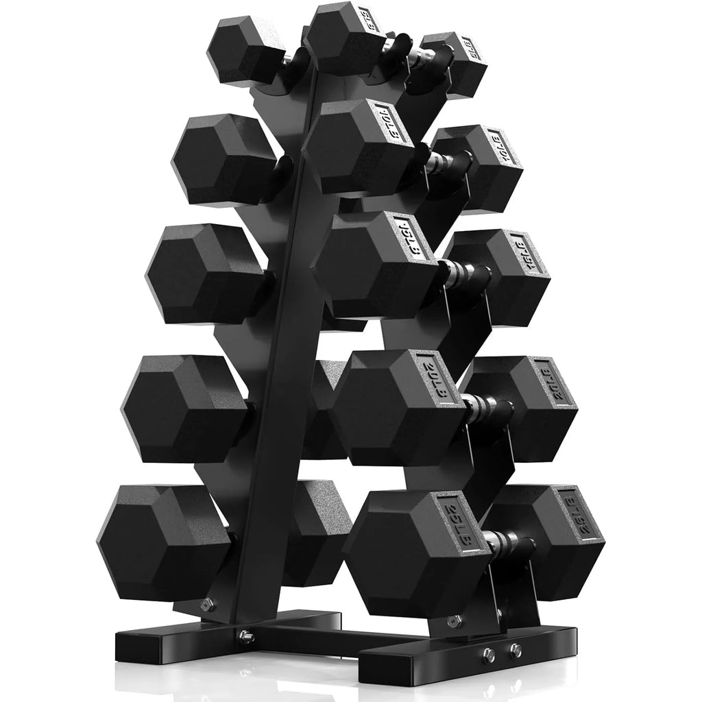 Hex Dumbbell Set with Rack - Rubber Coated Cast Iron Weights, Non-Slip Chrome Handles, Space-Saving Home Gym Set