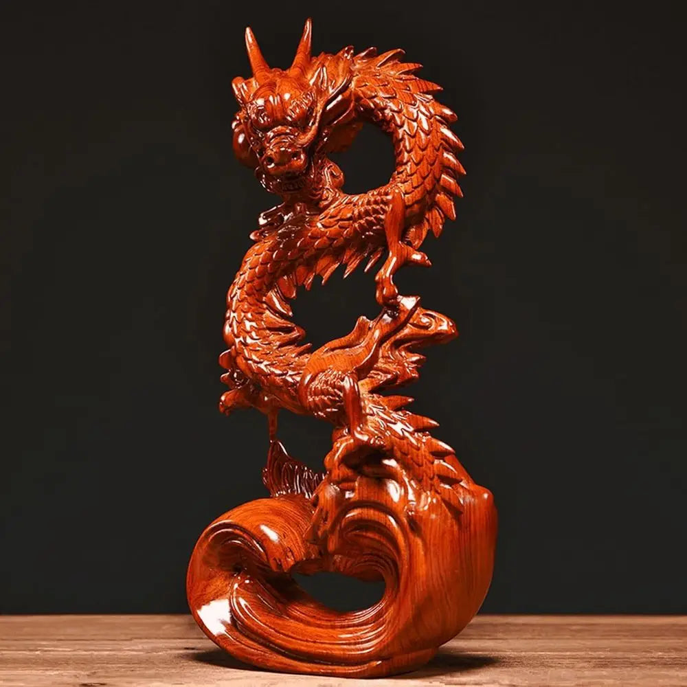 Red 11 Wood Chinese Dragon Statue: Attract Wealth & Good Luck for Home or Office Decor
