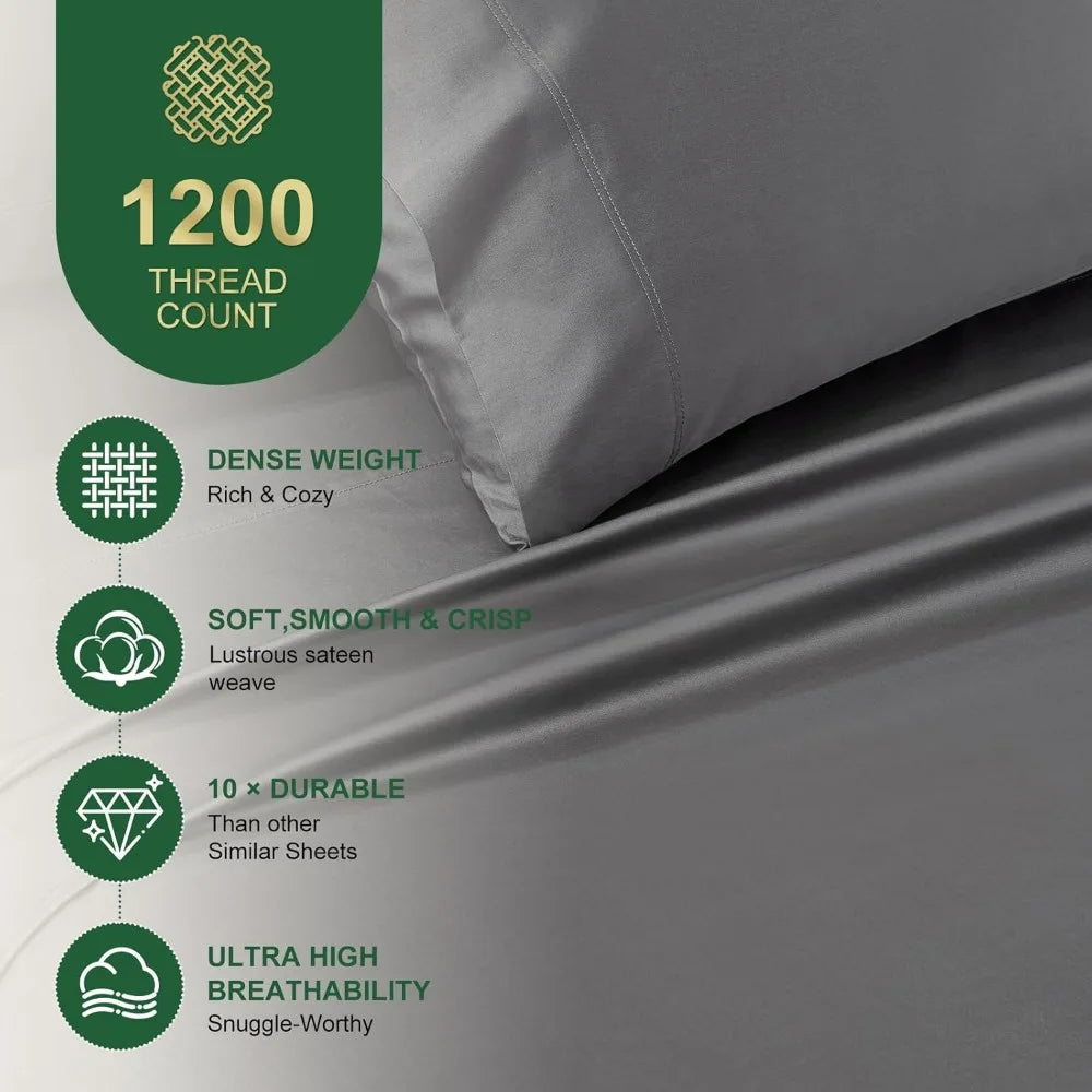 Ivellow 100% Egyptian Cotton Sheets King Size Set - 1200 Thread Count 6 PC 18 Deep Pocket King Size Bed Sheet Set，Durable Hotel
