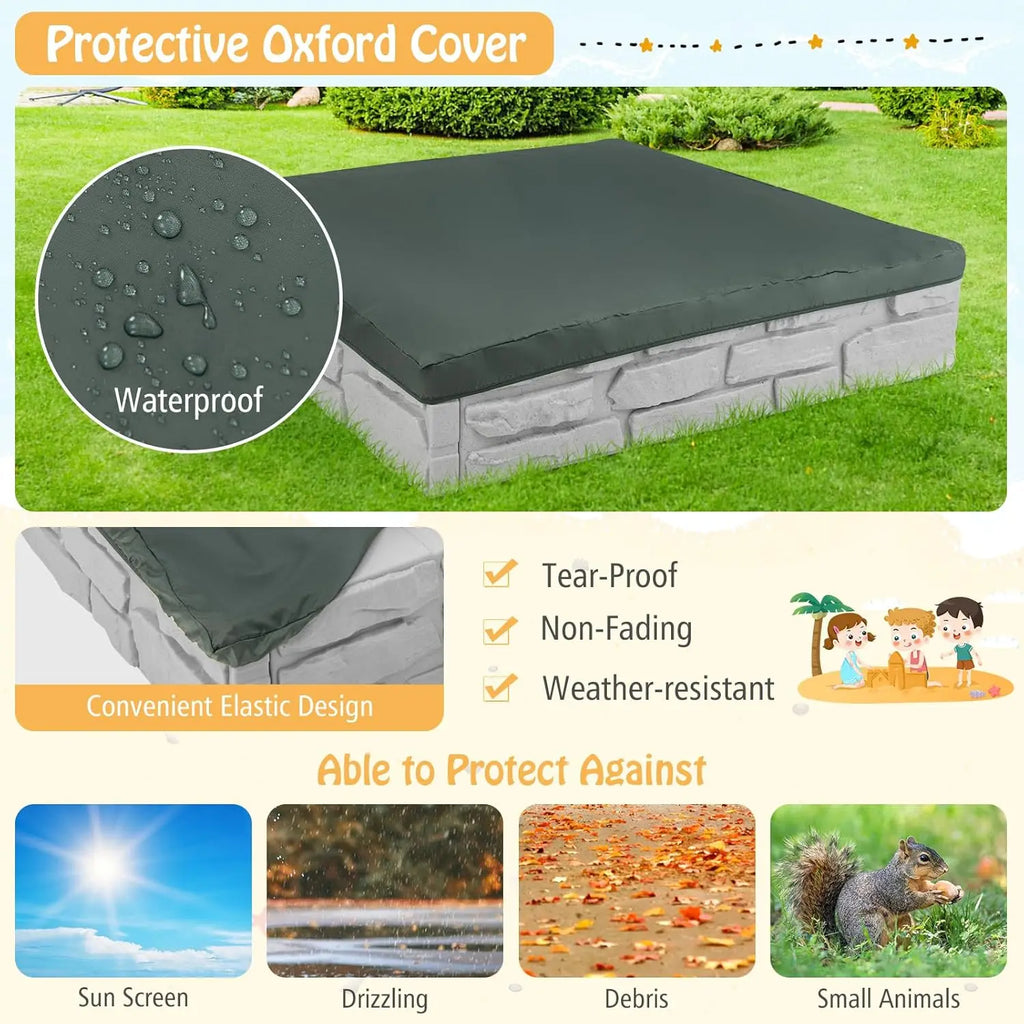 Sandbox with Cover, 47x47 Inch Square Sand Pit for Backyard, Bottom Drainage Oxford Liner, Playful All Weather Resistant Sa