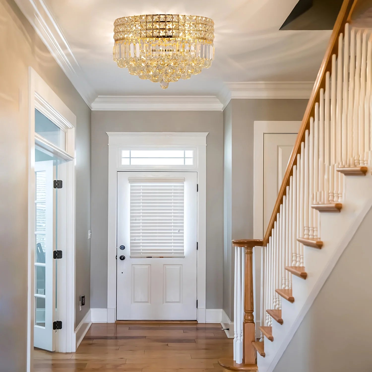 Gold Hallway Crystal Ceiling Light, Round Flush Mount Modern Crystal Ceiling Light for wardrobe/bathroom/hall/bedroom