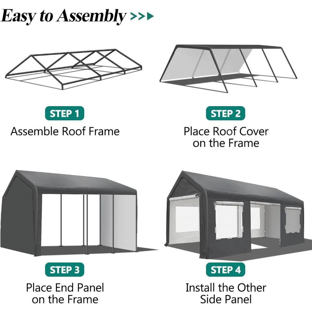 GARTOO Upgrade 12' x 20' Heavy Duty Carport - Extra Large Outdoor Shelter with Roll-up Ventilated Windows & Side Doors, Portable