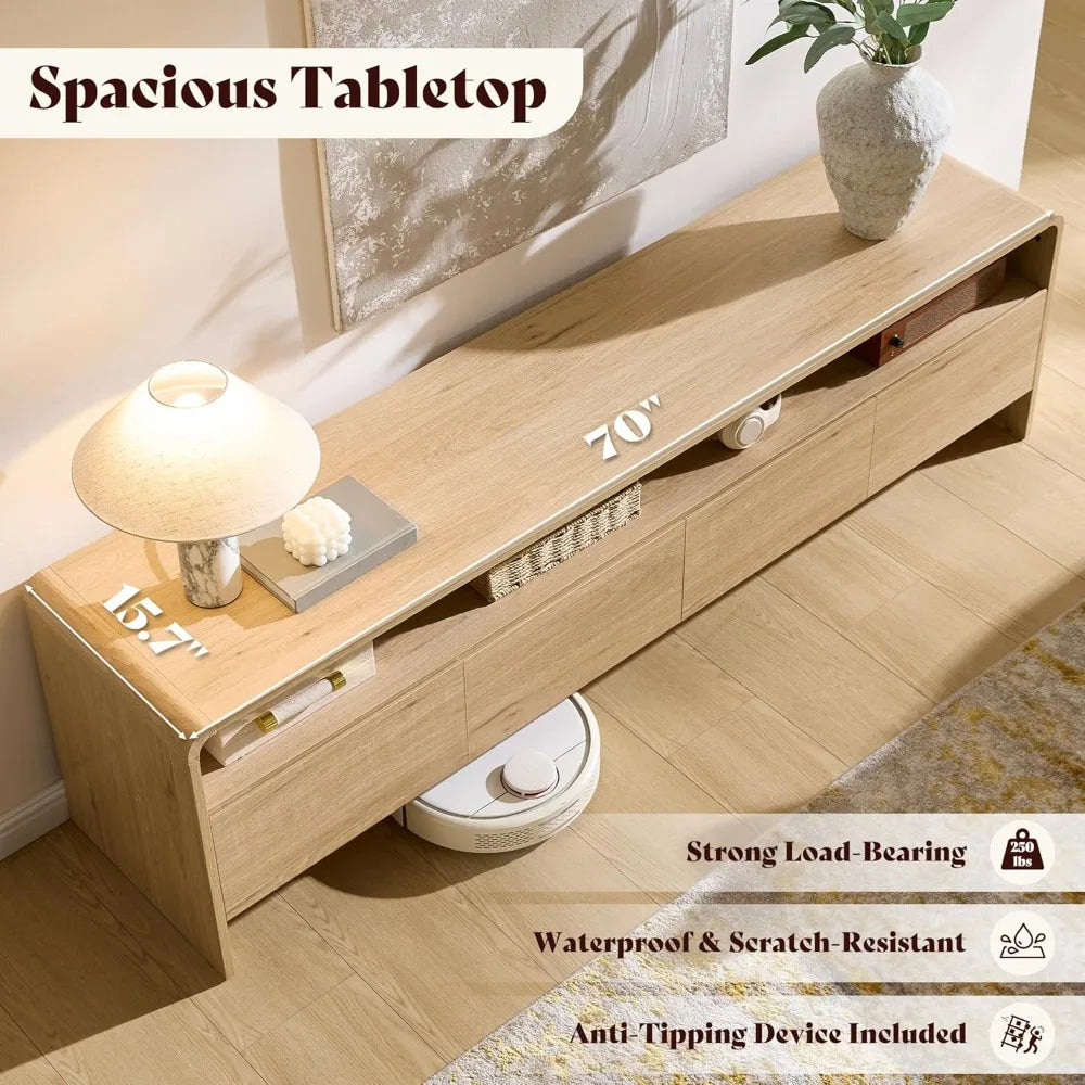 70" Modern TV Stand for 80" TVs, Curved Wood Console with Storage Cabinets, Media Entertainment Center for Living Room