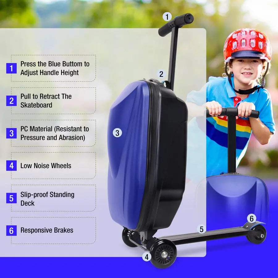 Kids Scooter Suitcase RideOn CarryOn 2in1 Lightweight Hardshell Luggage for Airplane Travel, Foldable Rolling Suitcase for Boys