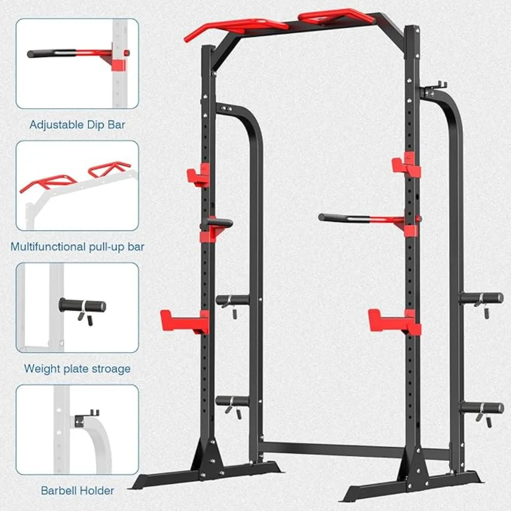 Versatile Fitness Rack with Cable Crossover, J-Hooks, Dip Bars, and Plate Storage