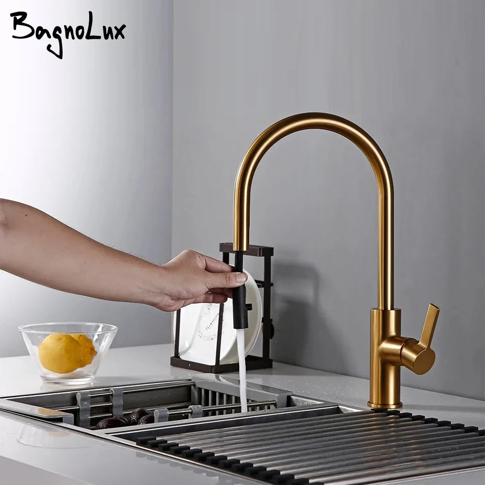 Bagnolux Luxury Matt Old Brushed Golden Brass Kitchen Faucet Hot And Cold Water Round Spout Single 360 Rotatable Kitchen Faucet