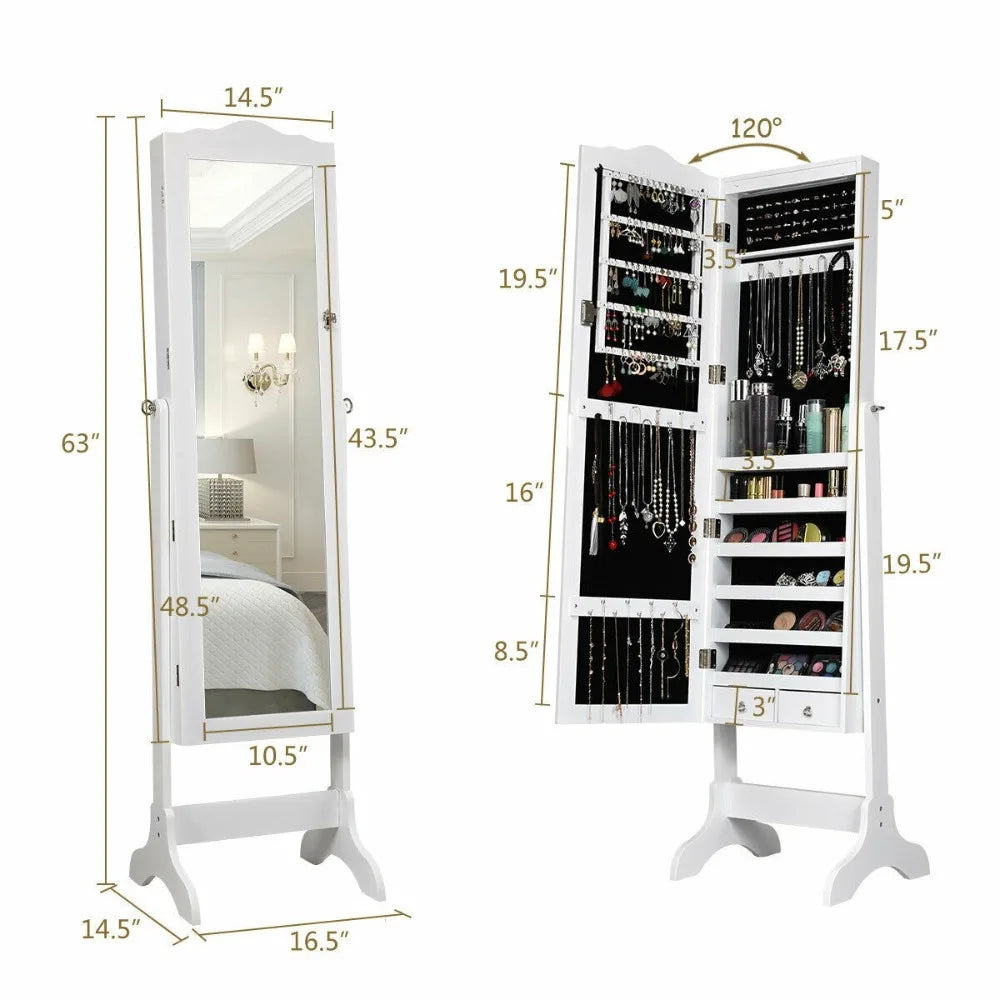 Mirrored Jewelry Cabinet Armoire Storage Organizer w/Drawer & Led Lights White