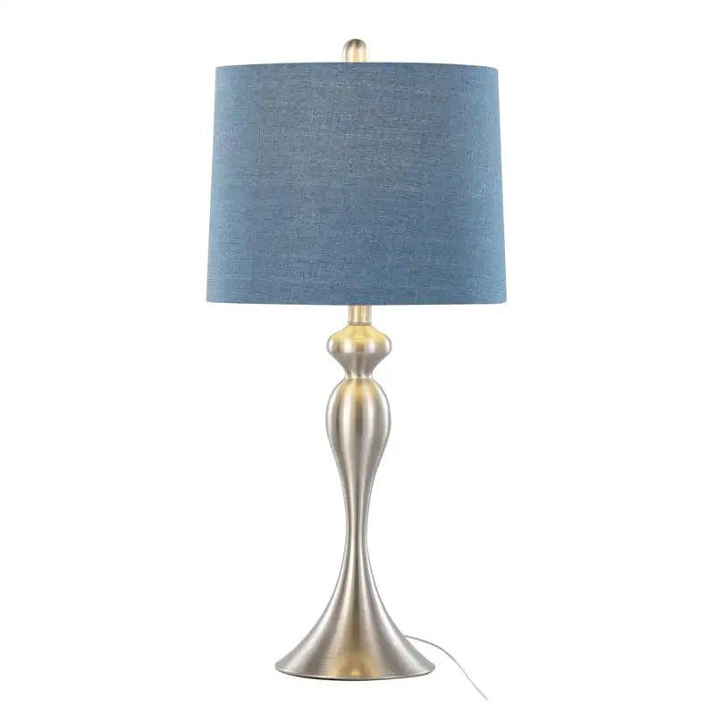 Set of 2 27" Contemporary Metal Table Lamps in Brushed Nickel with Moroccan Blue Textured Linen Shades