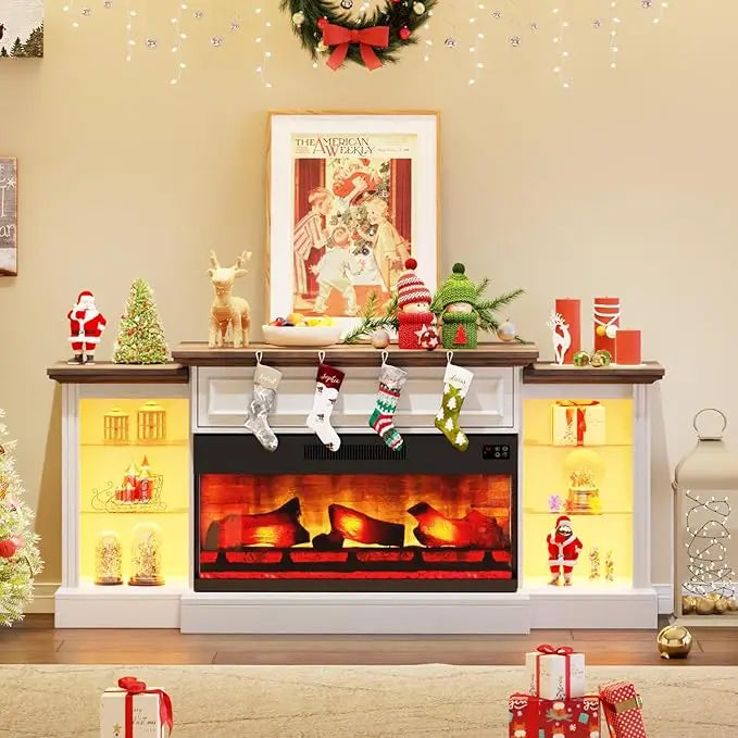 3-Sided  Electric Fireplace TV Stand, 70 Farmhouse Style, Fits TVs up to 75, Mantel, Adjustable Shelves, LED Lights，Customized