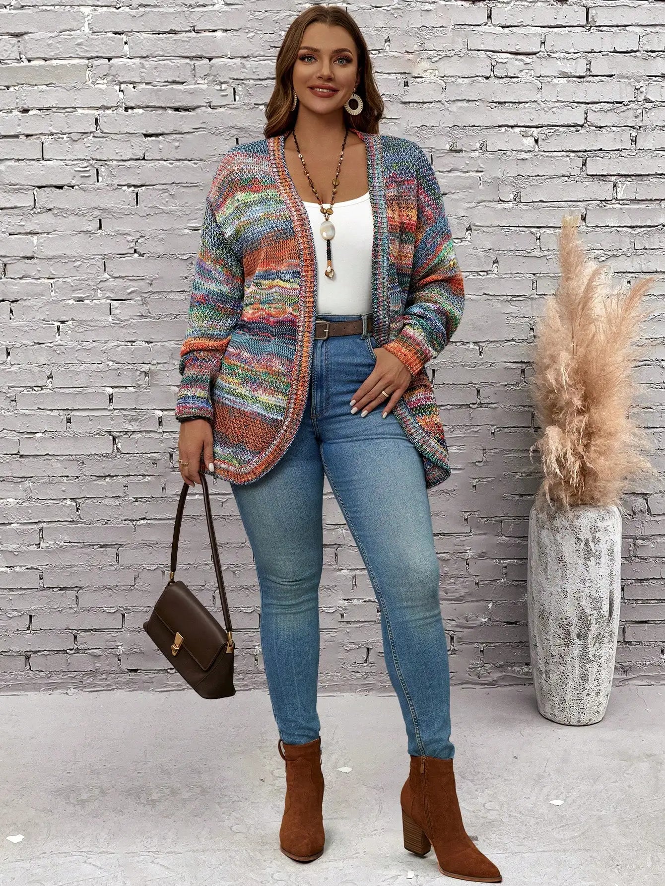 Plus Size Allover Print Casual Knitted Long Sleeve Cardigan, For Winter Fall
