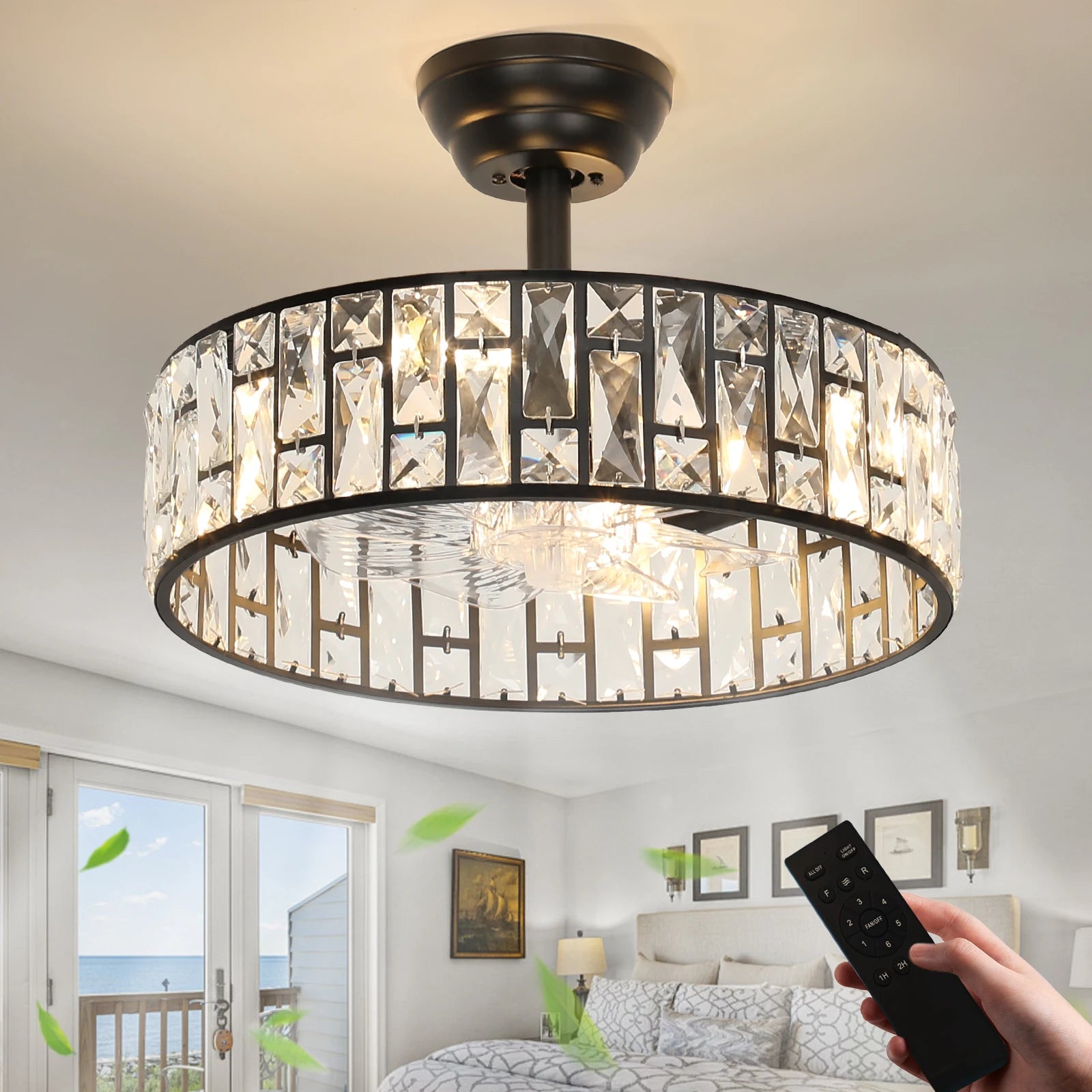 17.91" Modern Luxury Ceiling Fan Light With Semi-Recessed Installation, 6-Speed Remote Control, For Living Room, Hotel Lobby