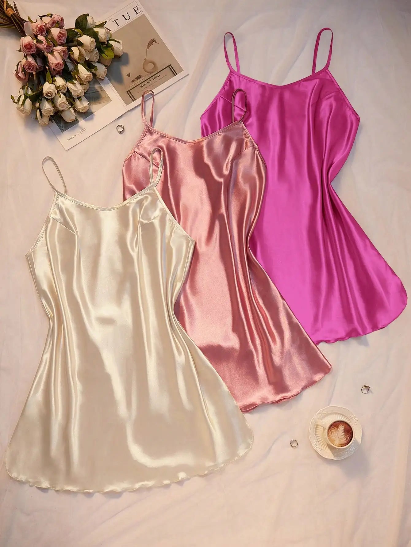 3pcs Faux Silk Slip Dresses for Women, Plus Size, Side Slit Design, Assorted Colors