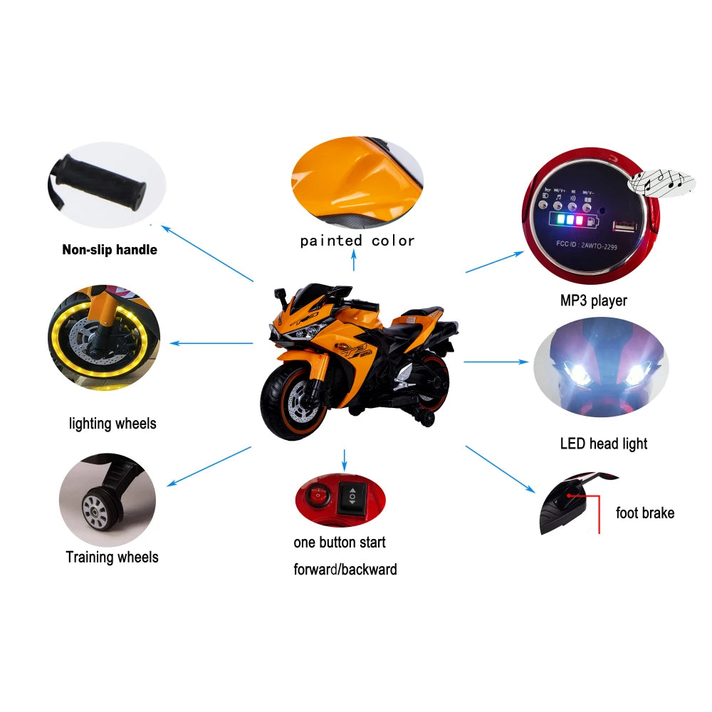 Young Rider 12V7AH Electric Motorcycle - Training Wheels, Hand Drive Throttle & Cool Light-Up Wheels for Kids 3-6 Years