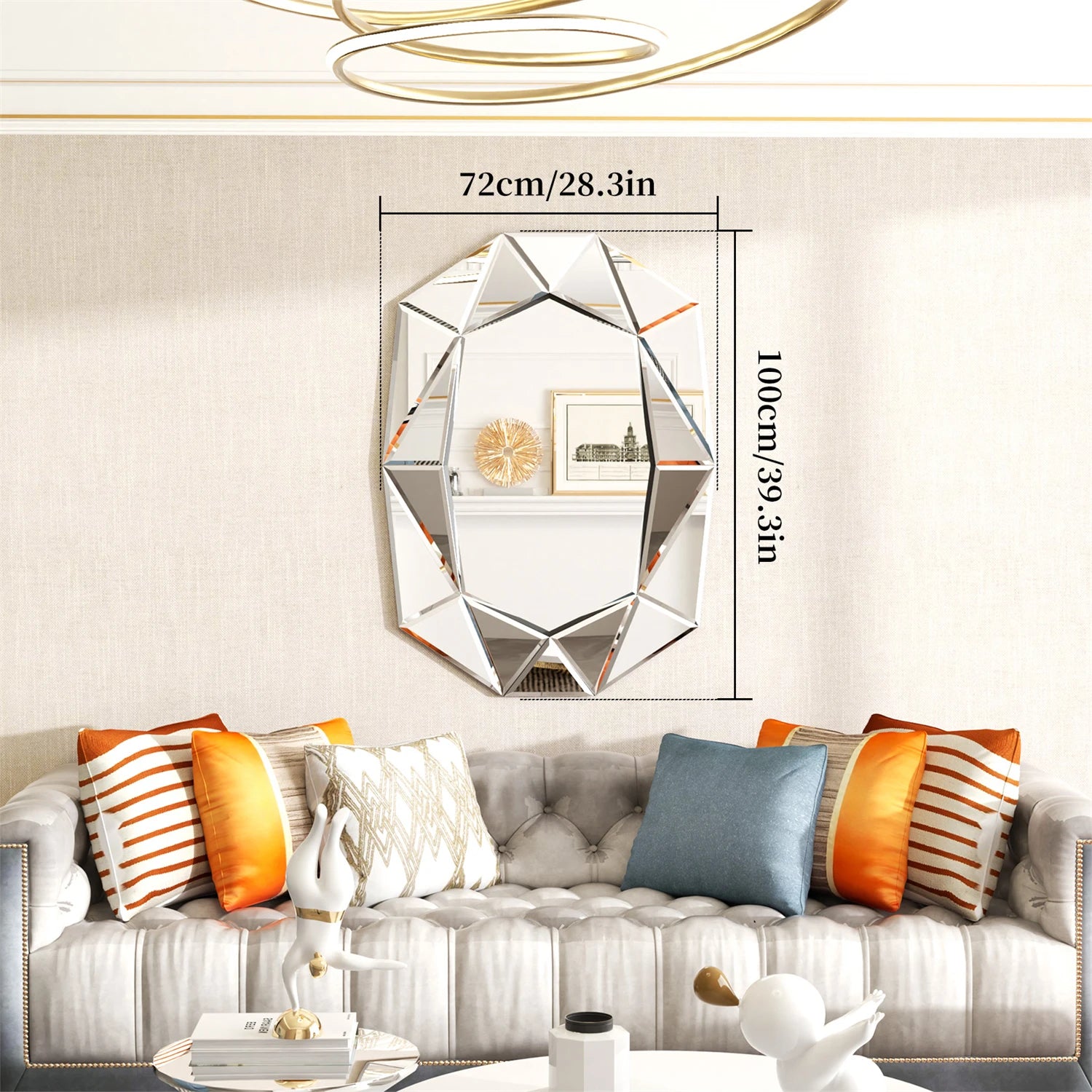 Asymmetrical Decorative Wall Mirror for Living Room and Bedroom, Glass Inlayed Accent Vanetian Mirror, 100cm