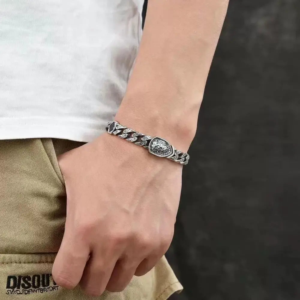 Solid Sterling Silver Italian-Style Cubic Chain Bracelet, Men's S925 Link Design, Perfect Gift for Dad, Boyfriend, Son
