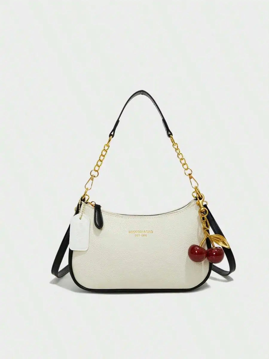Black Pebbled PU Crescent Shoulder Bag with Gold Chain & Cherry Charm