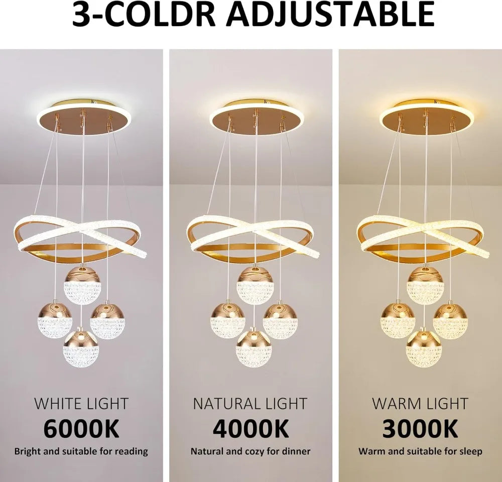 Modern Gold LED Chandelier, 3-Color Dimmable Pendant Light for Kitchen Island, Dining Room, Living Room