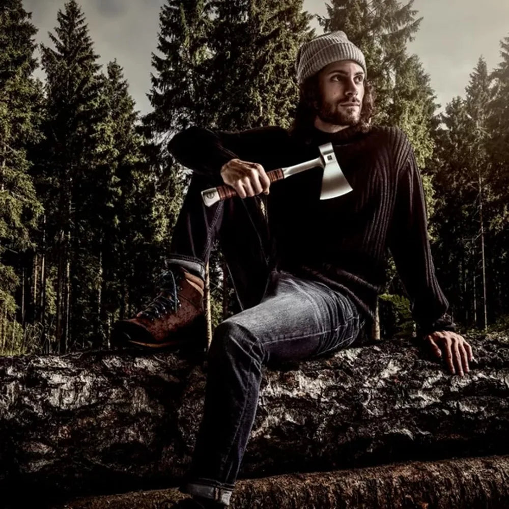 Hand Axe, Forged All-Metal Hatchet with Leather Handle & Belt Bag – Sharp Heat-Treated Steel Blade, Includes Leather Shea