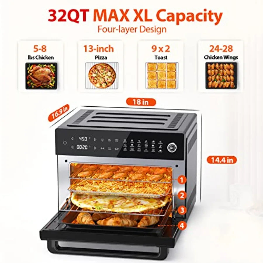 32-Quart PRO Large Air Fryer Oven with Rotisserie Dehydrator and Full Accessories 19-in-1 Digital Air Fryer for Baking Toasting