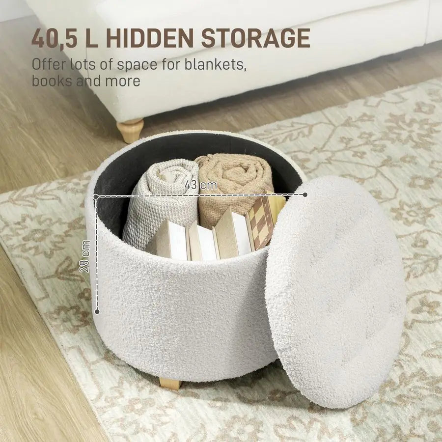 18 Round Storage Ottoman, Teddy Fleece Bedroom Stool with Removable Lid and Wood Legs, Button Tufted Footstool for Living Room,