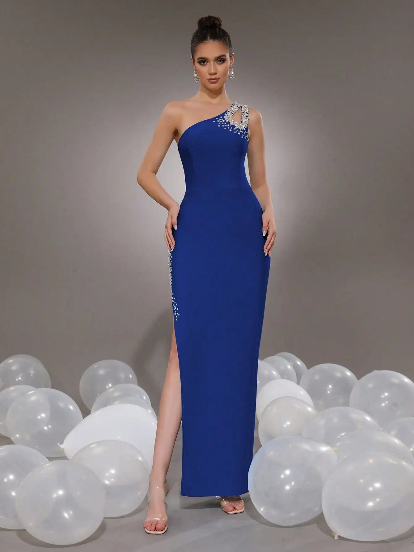 Black One-Shoulder Rhinestone Bodycon Maxi Dress with High Slit for Formal Evening Prom Wedding