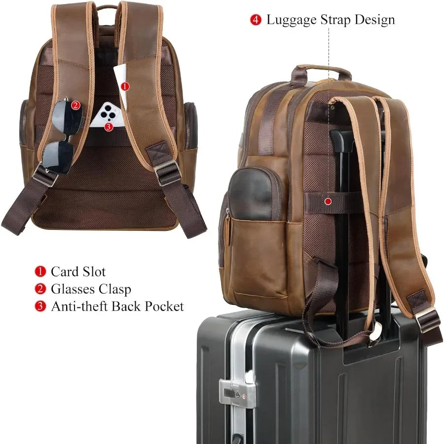 Men's Vintage Leather Backpack 15.6" Laptop Bag Large Capacity Business Travel Hiking Shoulder Daypacks
