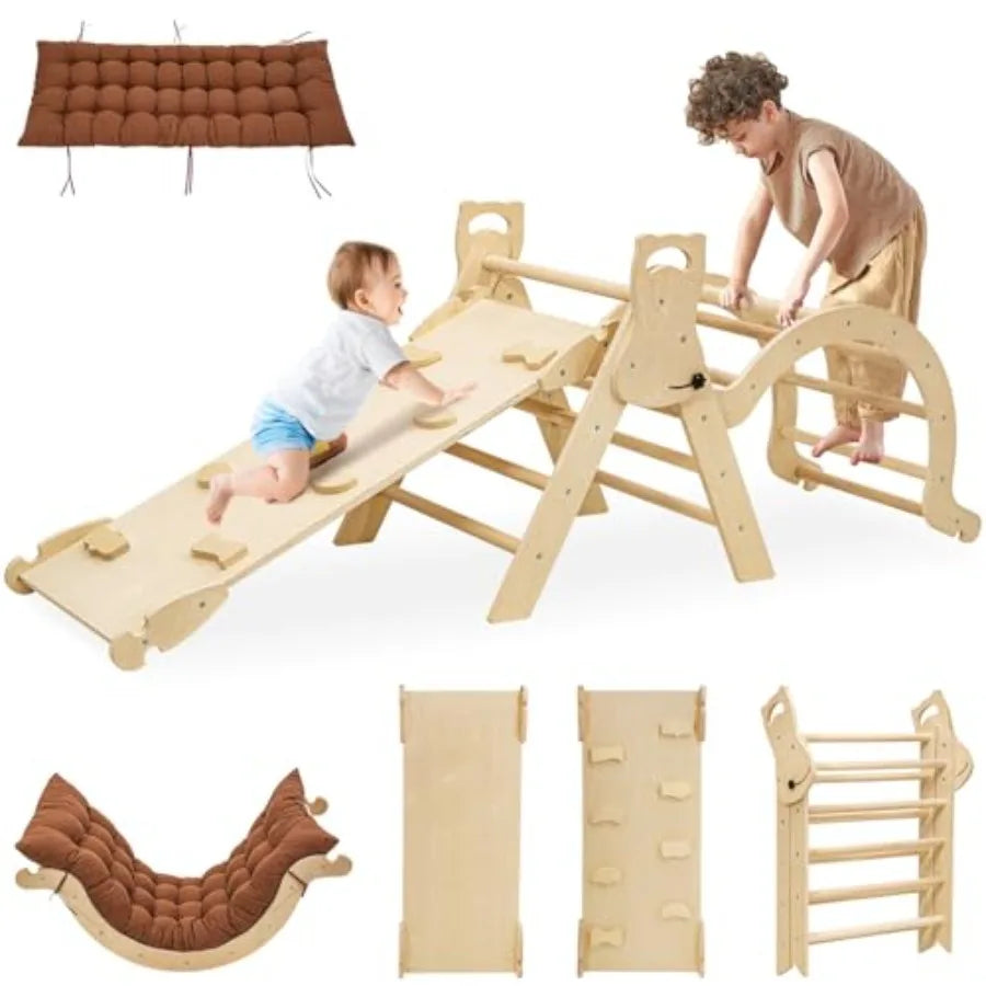 Large Foldable Toddler Climbing Toys Indoor Jungle Gym Pikler Triangle Set with Cushion S-lide and Arch 7-in-1 Montess