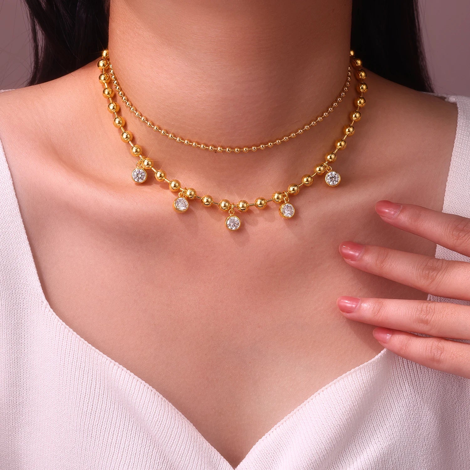 JIUZUAN Moissanite Earrings Layered Necklace 925 Silver 18K Gold Plated Beaded Jewelry Gift Comes with Certificate
