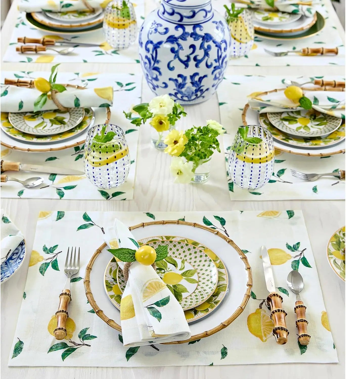 Lemon Print Linen Placemats Set of 4, 14x19 Inch, Botanical Design for Spring Easter Table Decor