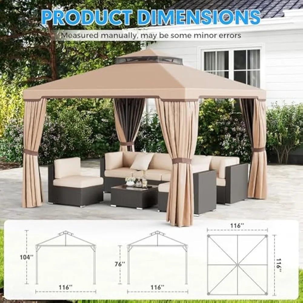 Outdoor 10x10 Garden Gazebo, Steel Vented Double Roof Patios Canopy, Outside Gazebo with Mosquito Netting for Backyard, Lawns,