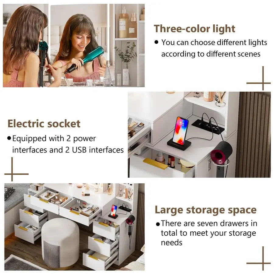 Makeup Vanity Desk with Lighted Mirror amp Power Outlet,Dresser Table with 3 Lighting Modes Brightness Adjustable,Drawers,Shelv