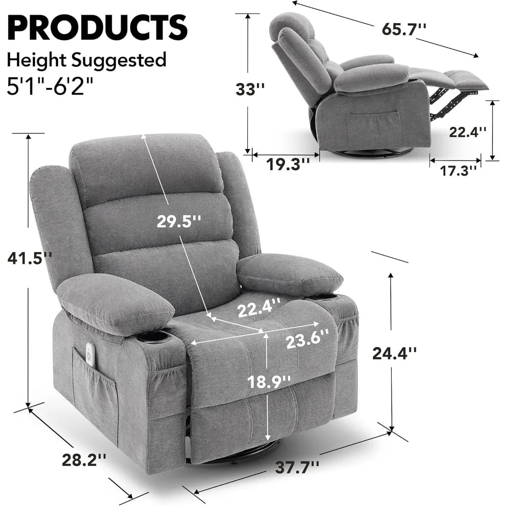 Rocker Recliner Chair with Heat and Massage, 360° Swivel Recliner Chairs for Adults, Oversized Recliner Single Sofa Seat with Cu