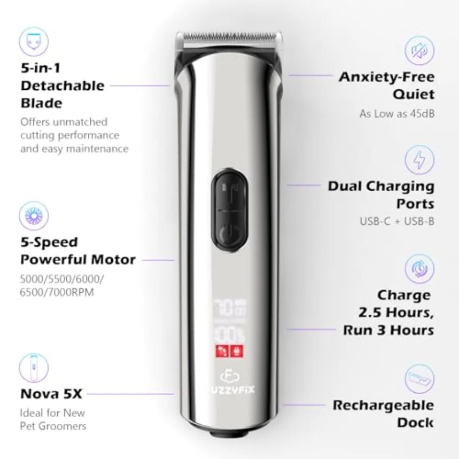 Professional Dog Grooming Clippers with Charging Dock 5-in-1 Adjustable Blade Cordless Pet Grooming Kit 5 Speed Rechargeable Tr
