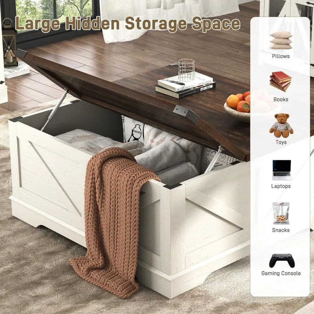 40” Large Farmhouse Lift Top Coffee Table with Power Outlets and Large Hidden Storage, Square Wood Living Room Tables, Multi-Fun