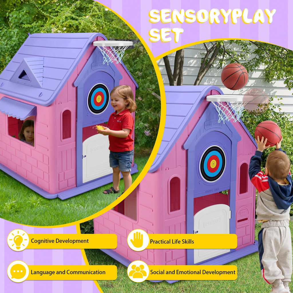 Kids Playhouse with Basketball Hoop Dartboard Indoor/Outdoor Playset Outdoor Playhouse for  2-5 Years Toddlers Gaming Toys