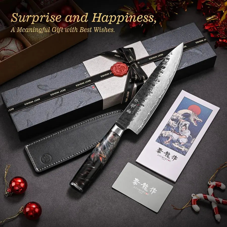 Chef Knife, 8 Inch Damascus Kitchen Knife with VG10 Steel Core, Professional Black Forged Kitchen Knives with Ergonomic Handle,