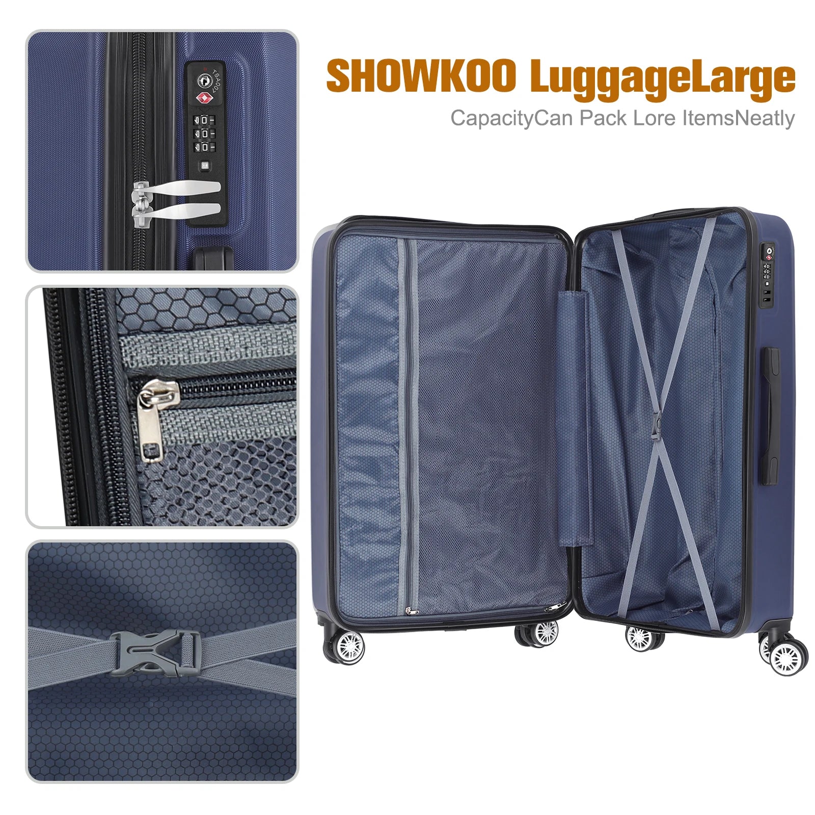 3-PC ABS 20/24/28in Luggage Set w/360° Spinner Wheels & Retractable Handle - Airline Approved Lightweight Suitcases, Smooth Zipp