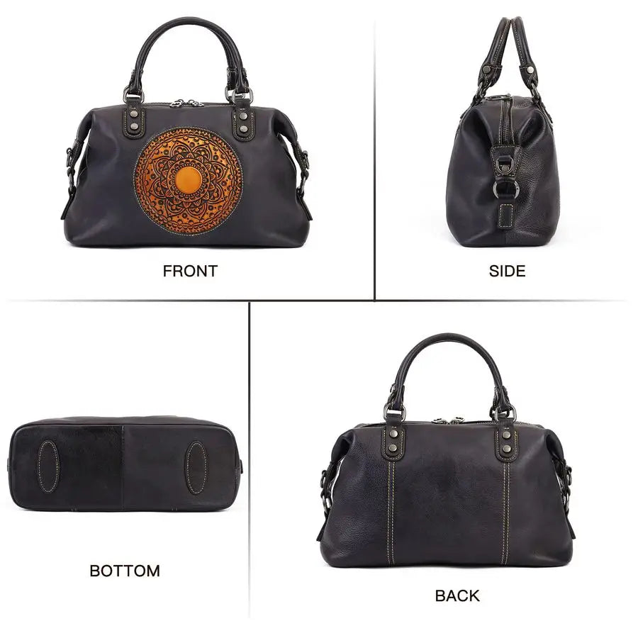 Handbag for Women, Genuine Leather Purses Retro Mandela Crossbody Handbag Tote Bag